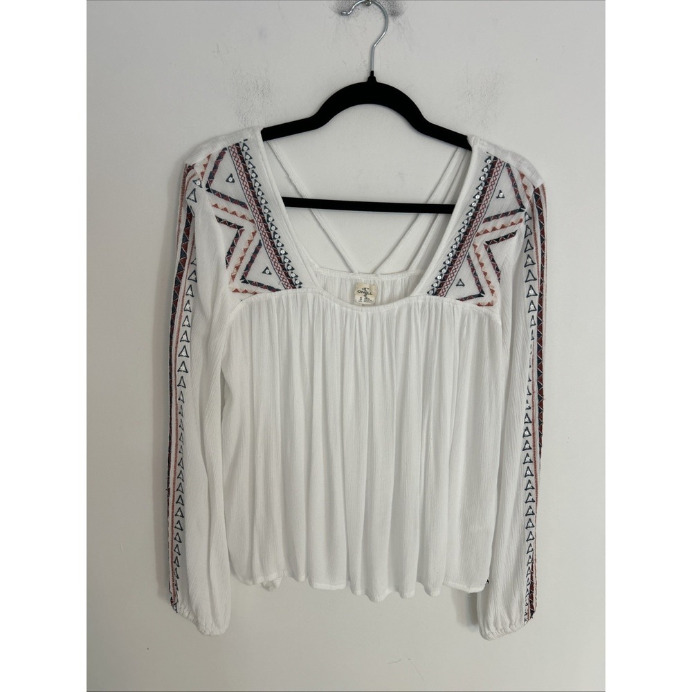 O'Neil‎ Women Small Long Sleeve Embroidered White Cross Back Boho Peasant Blouse
